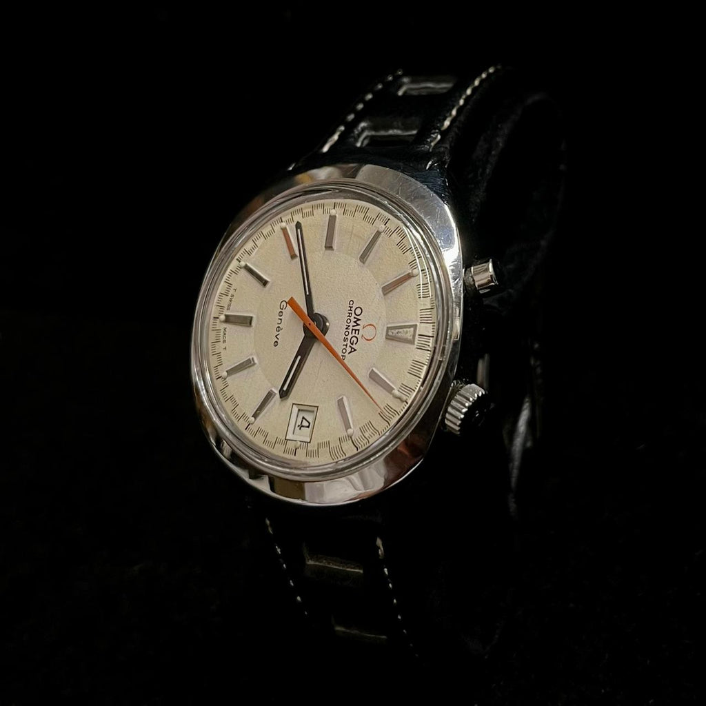 OMEGA Chronostop Vintage c. 1950s Unique Watch w Sideway Case 12K