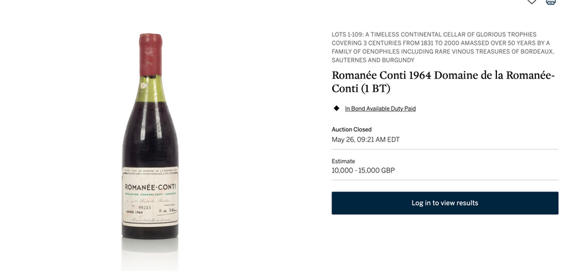 Romanée Conti 1964 Domaine de la Romanée-Conti, Empty Bottle  - $40K APR w/CoA APR 57