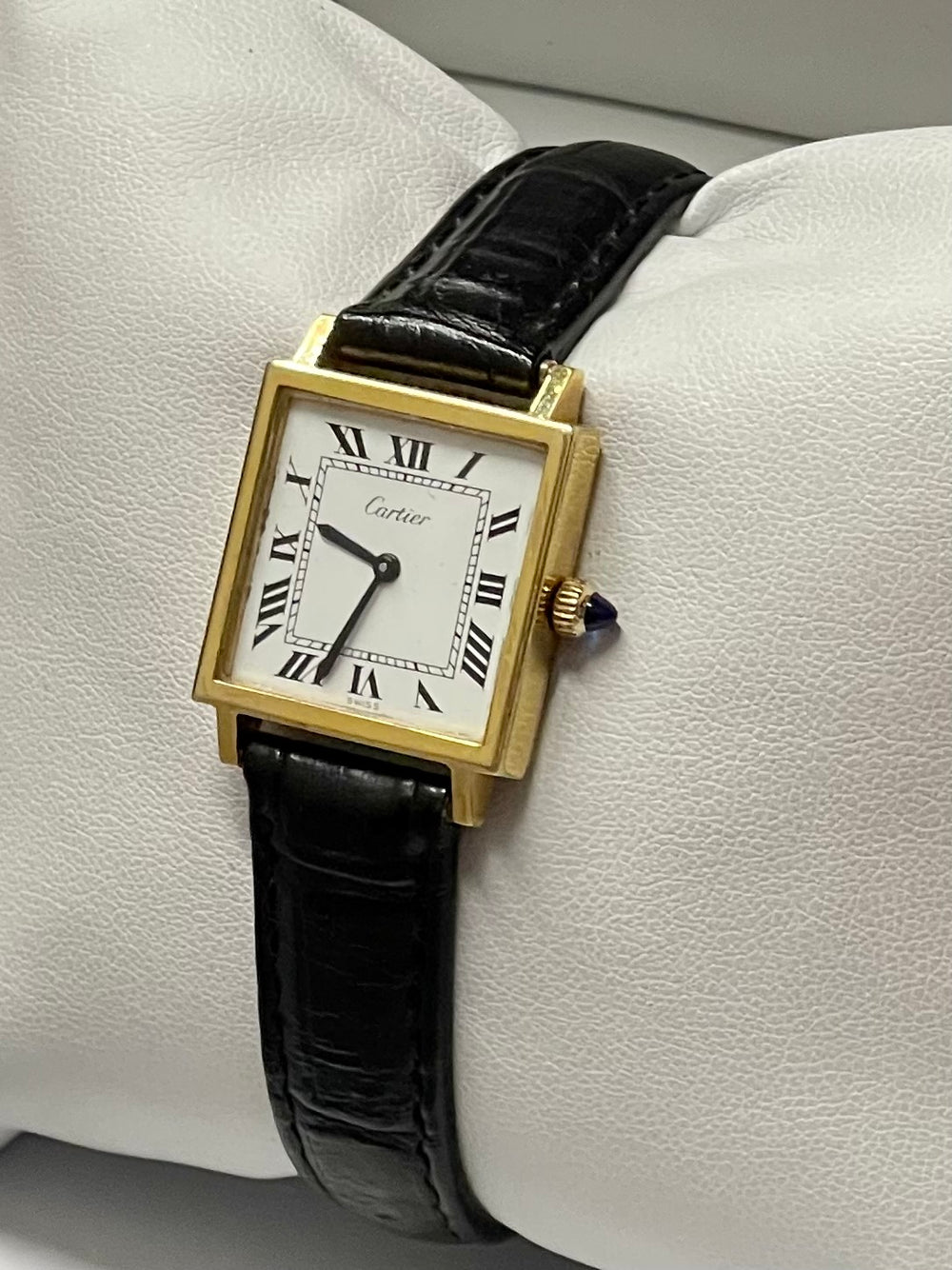 CARTIER Lady s Watch YG Plated Mechanical on Black Leather Strap