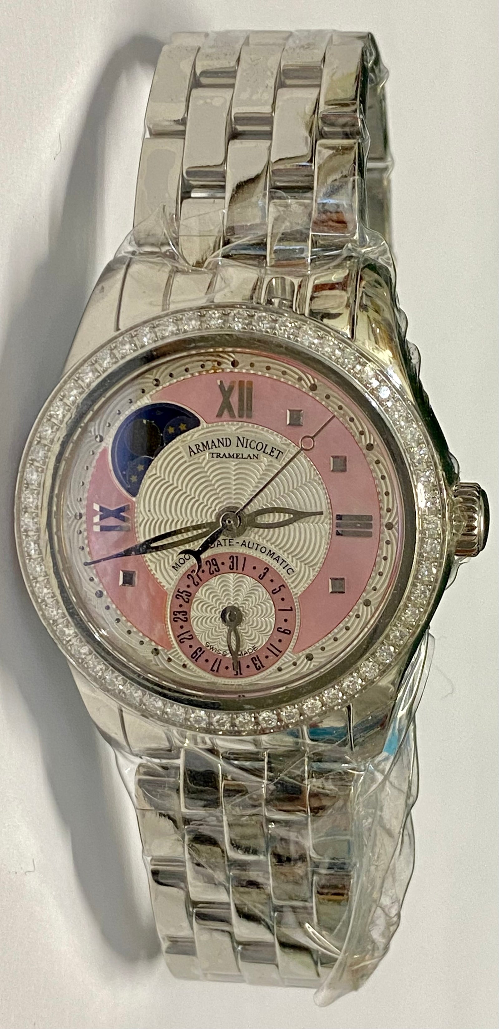ARMAND NICOLET Tramelan SS Pink MOP Dial Moon Date Brand New 20K AP
