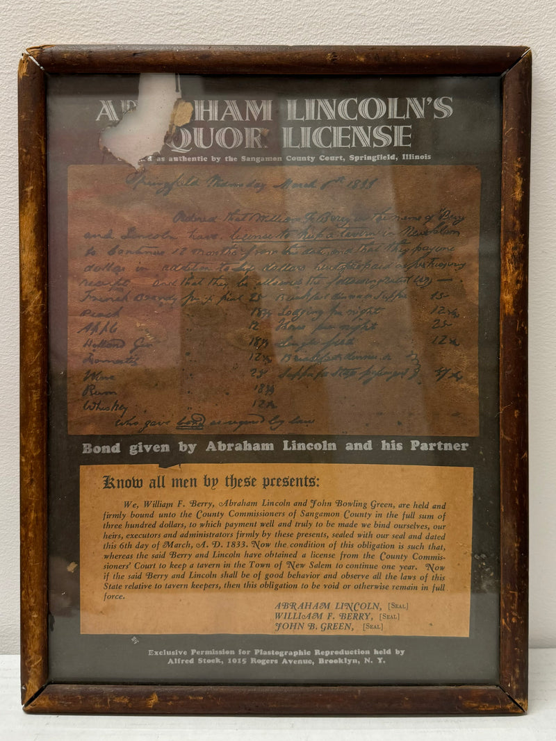 Abraham Lincoln's Liquor License 1833, Sherry Lehmann - $10K APR w/CoA APR 57