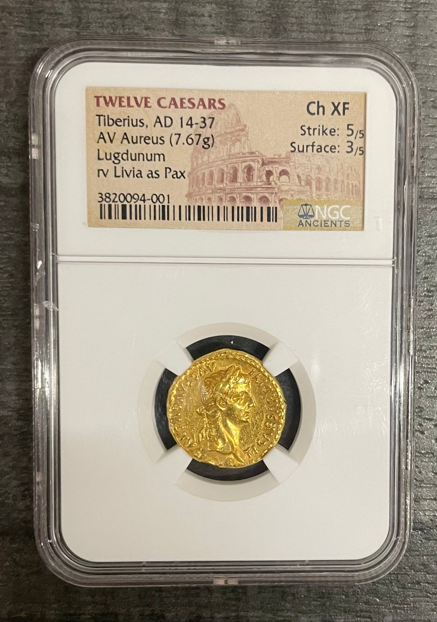 Twelve Caesars Tiberius AD 14-37 AV Aureus (7.67g) RV Lugdunum Livia As Pax  Ch XF - $30K APR w/CoA