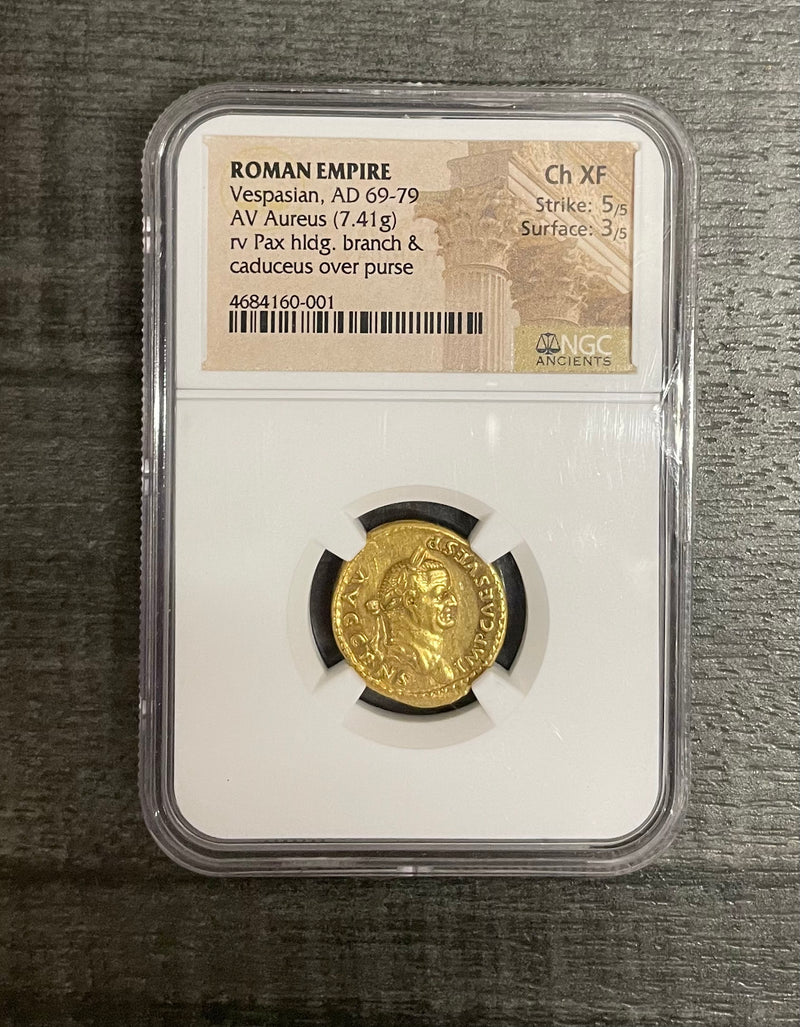 Roman Empire Vespasian AD 69-79 AV Aureus (7.41g) RV PAX Hldg. Branch & Caduceus over purse Ch XF - $30K APR w/CoA APR57