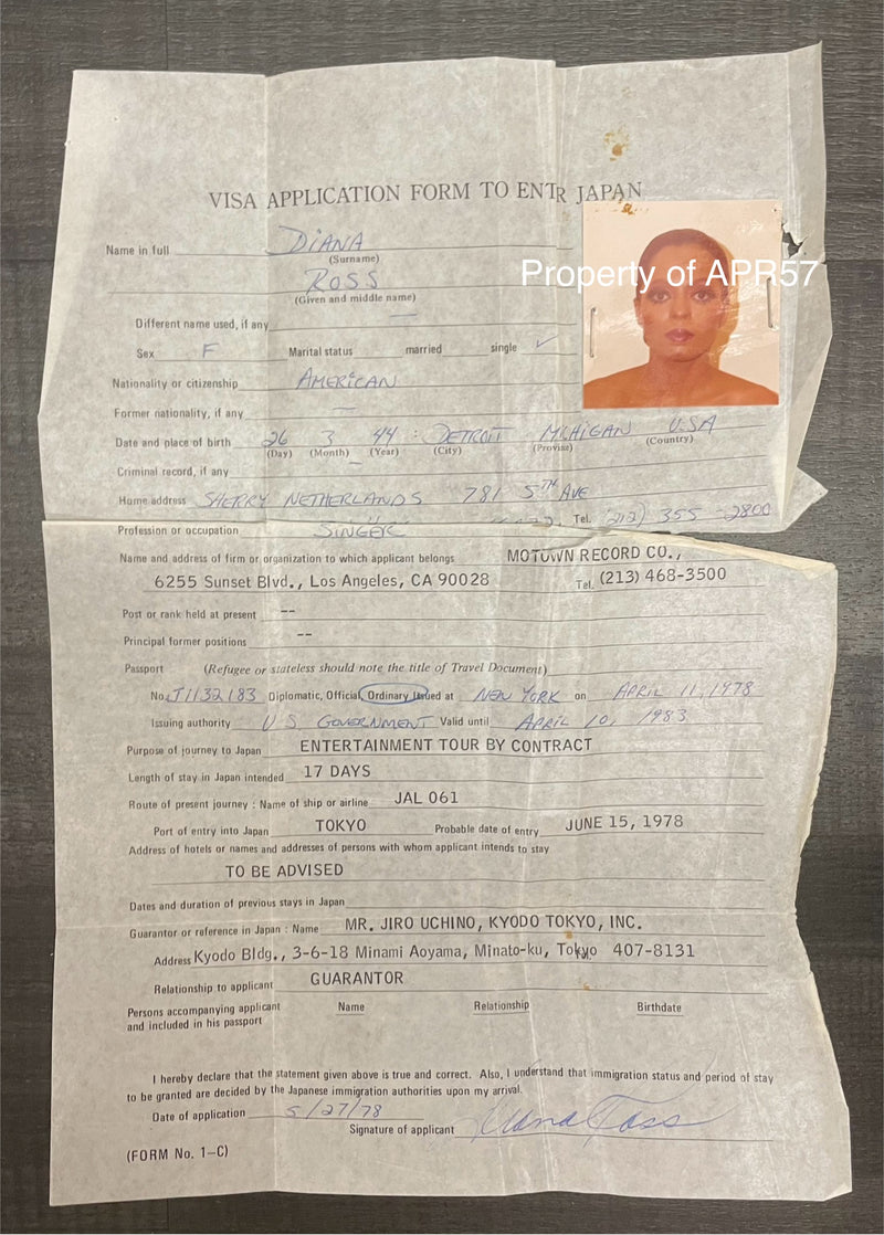 Rare 1978 Diana Ross Japan Visa Application With Passport Photo - $30K APR w/CoA APR57