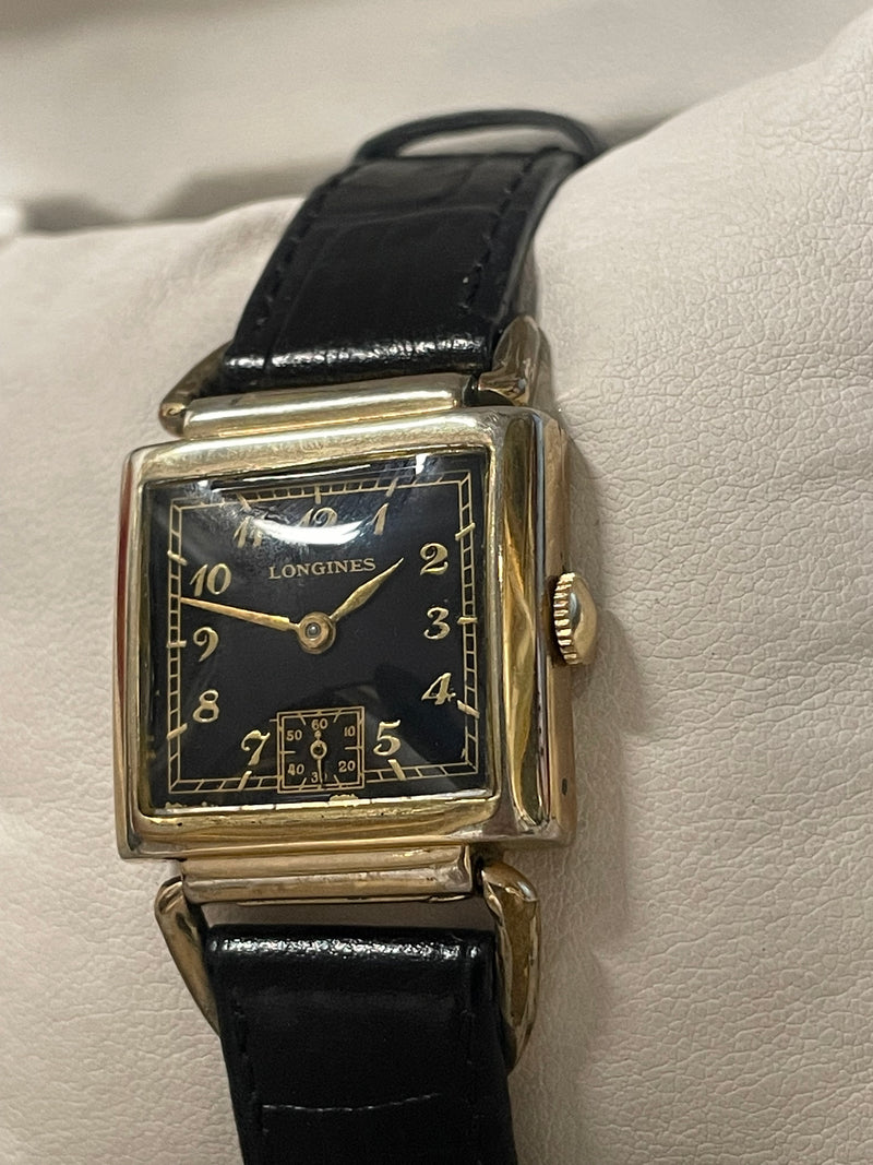 Longines Vintage 1930s Curvex: Black Dial, Gold Numbers, Rare- 8KAPR w/ COA! APR57