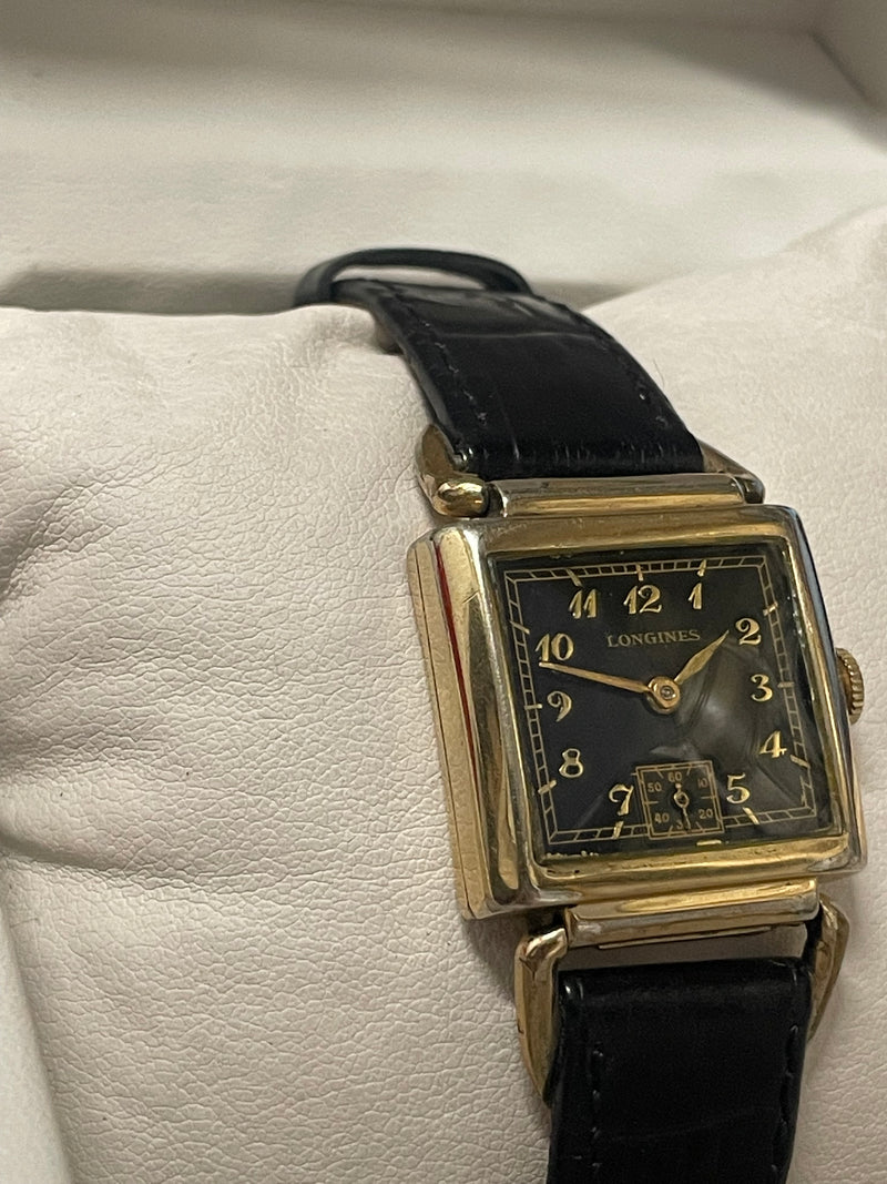 Longines Vintage 1930s Curvex: Black Dial, Gold Numbers, Rare- 8KAPR w/ COA! APR57