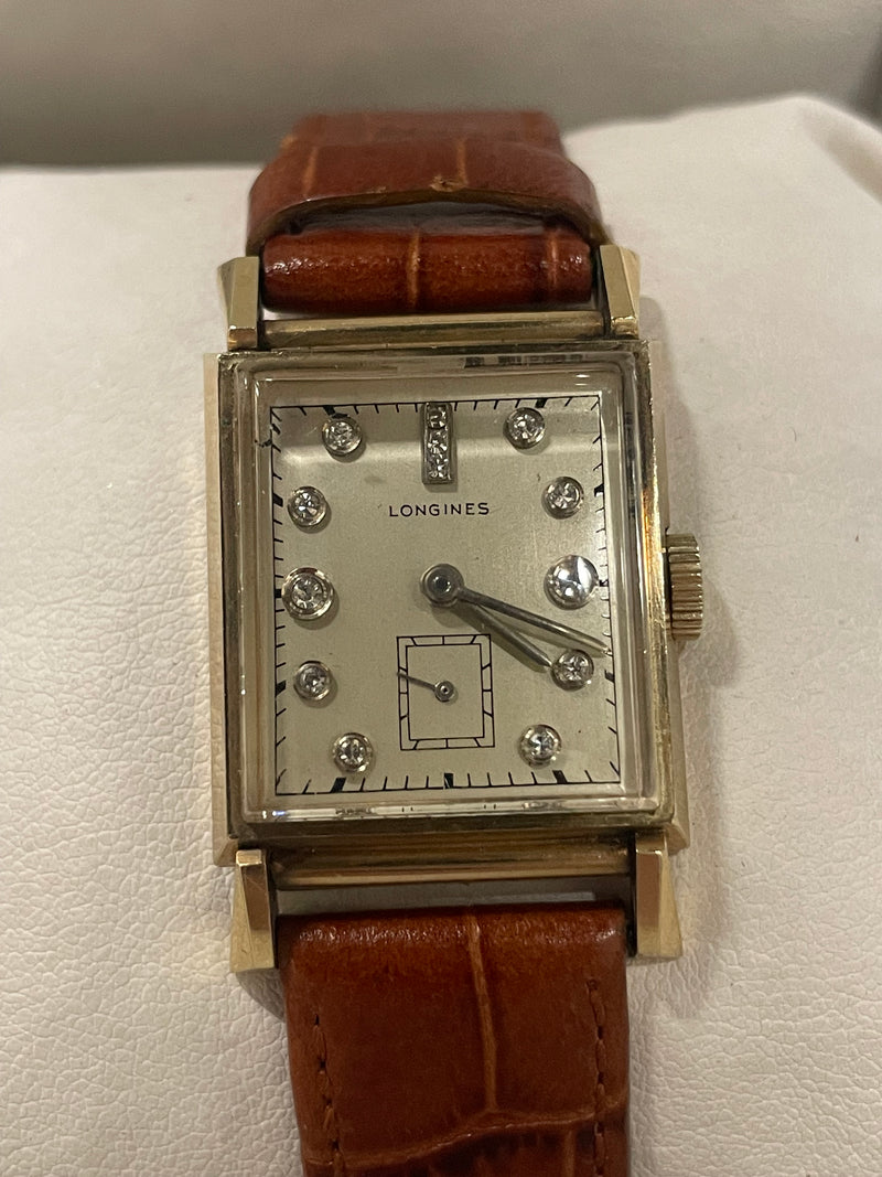 Longines Vintage 1940s Gold Tank Watch, 13 Diamonds, Crocodile- $13K APR w/ COA! APR57