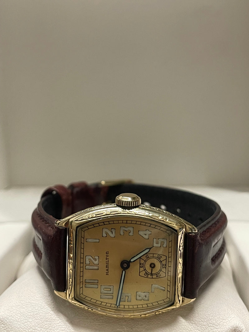 Hamilton Vintage 1920s 14K GF Engraved Watch, Dark Brown Strap - $7K APR w/ COA! APR57