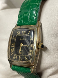 Bulova Gold Tone Unisex Watch Black Dial, Green Crocodile Strap- $6K APR w/ COA! APR57