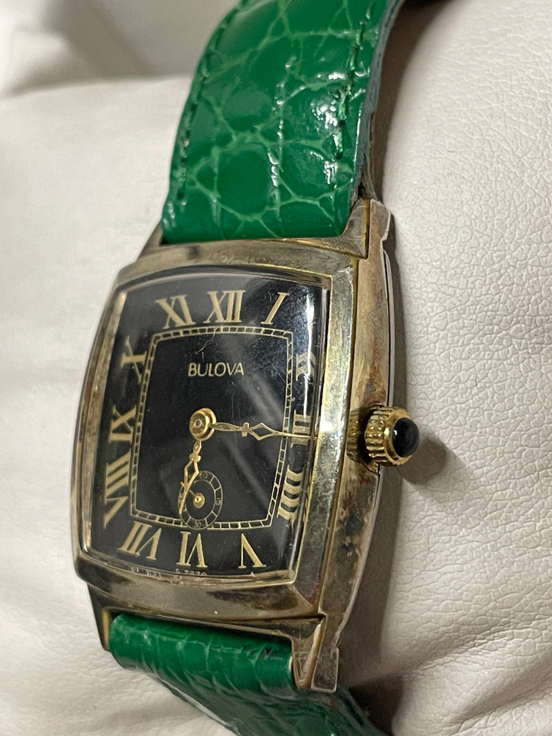 Bulova Gold Tone Unisex Watch Black Dial, Green Crocodile Strap- $6K APR w/ COA! APR57