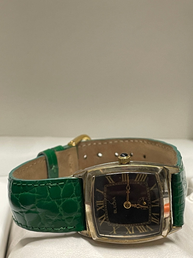 Bulova Gold Tone Unisex Watch Black Dial, Green Crocodile Strap- $6K APR w/ COA! APR57