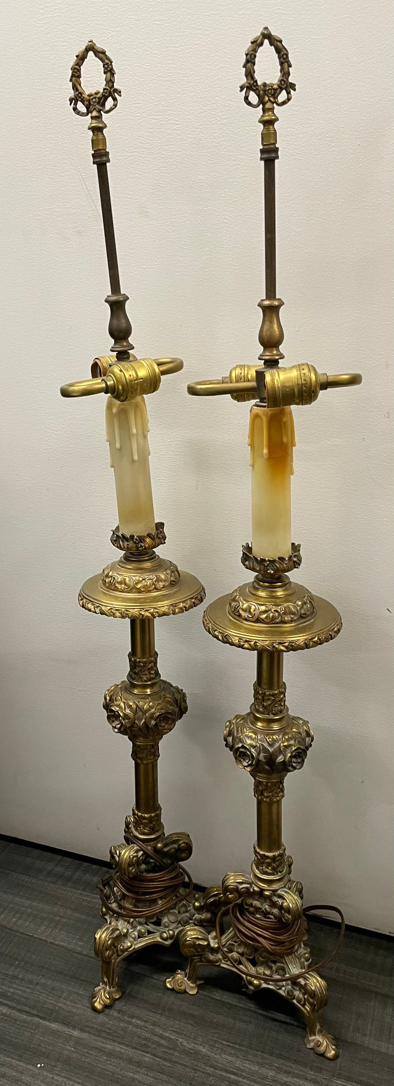 Early 1900’s Pair Of Gilt Brass Candlestick Lamps With Double Bulb - $10K APR w/CoA APR57