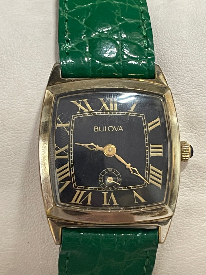 Bulova Gold Tone Unisex Watch Black Dial, Green Crocodile Strap- $6K APR w/ COA! APR57