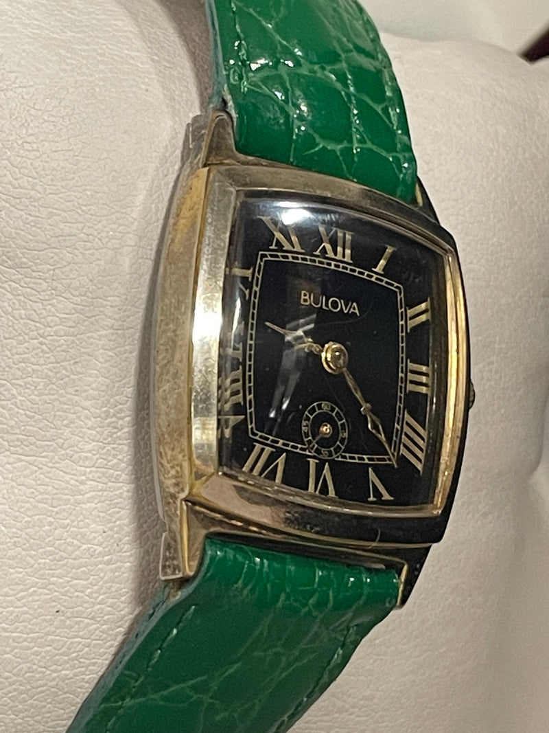 Bulova Gold Tone Unisex Watch Black Dial, Green Crocodile Strap- $6K APR w/ COA! APR57