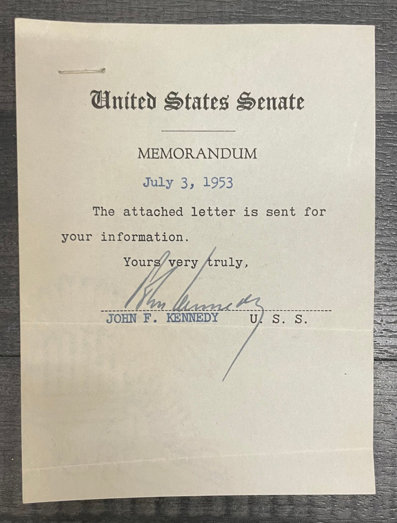 Signed John F. Kennedy 1953 US Senate Memorandum - $15K APR w/CoA APR57