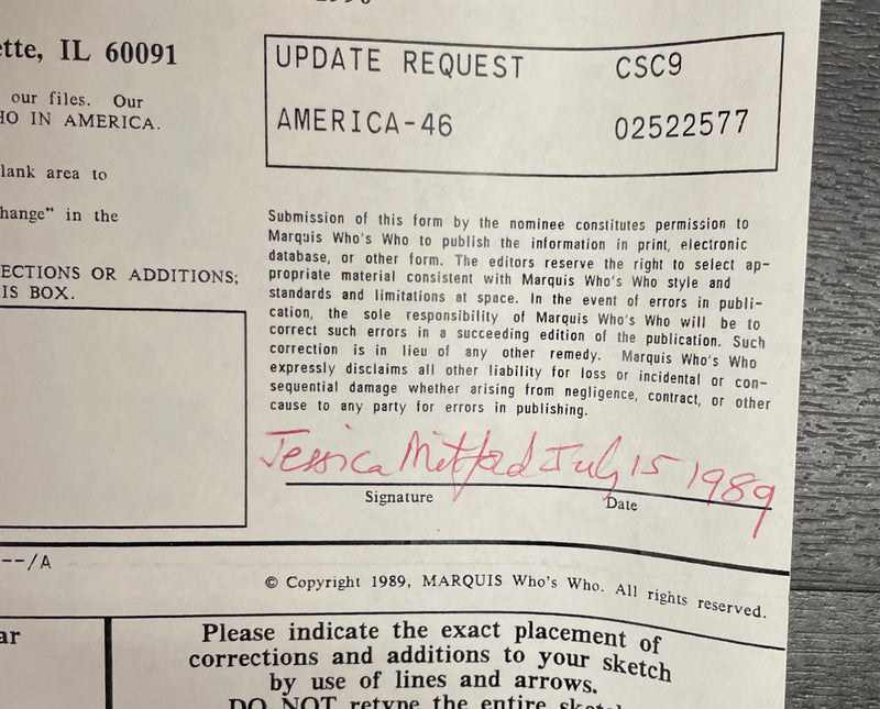 Signed Jessica Mitford Who’s Who In America Application Document - $10K APR w/CoA APR57