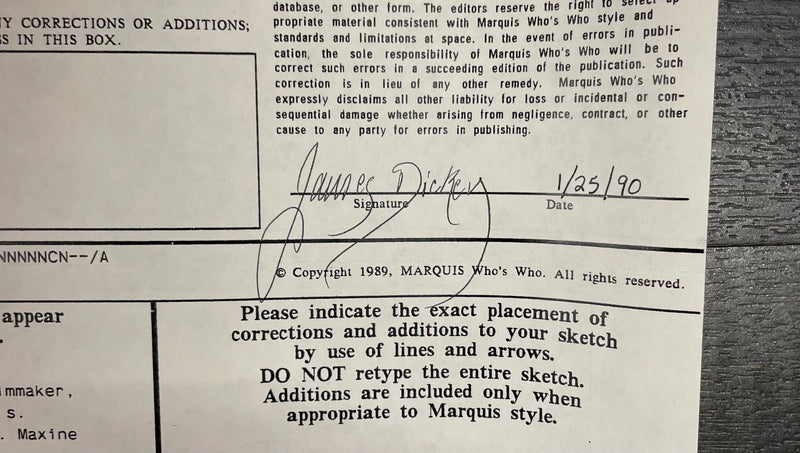 Signed James Dickey Who’s Who In America Application Document - $10K APR w/CoA APR57