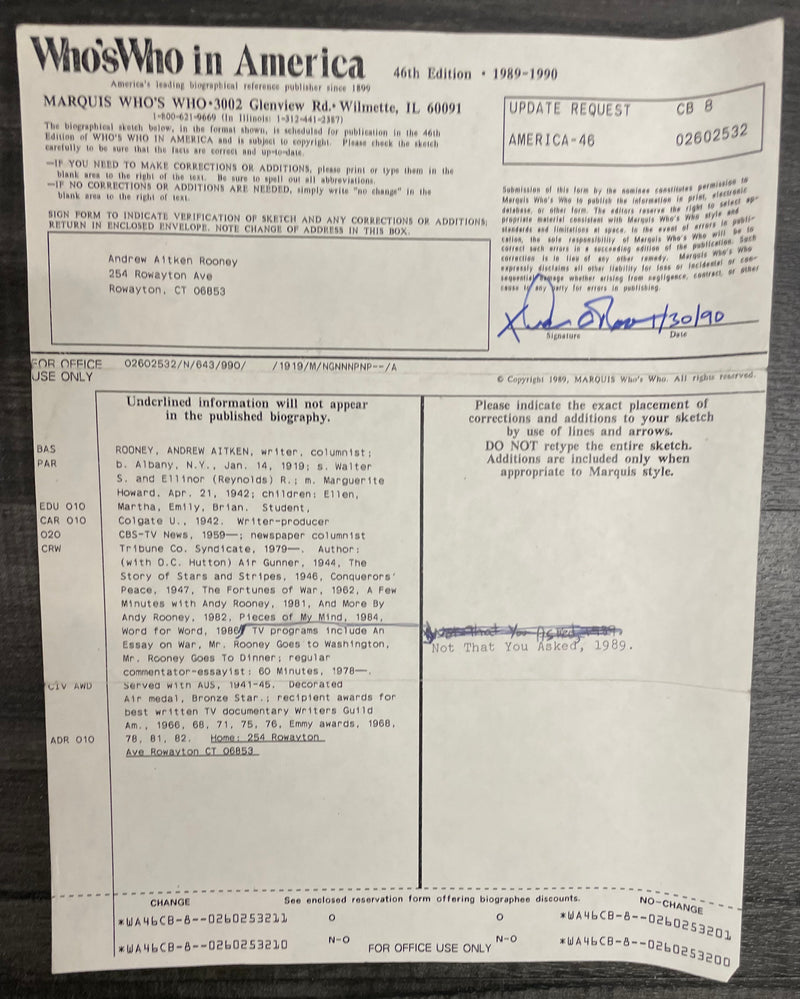 Signed Andrew Aitken Rooney Who’s Who In America Application Document - $10K APR w/CoA APR57