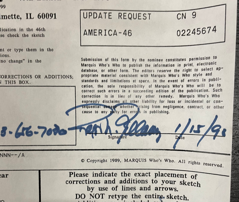 Signed Ralph Rex Ford Bellamy Who’s Who In America Application Document - $15K APR w/CoA APR57