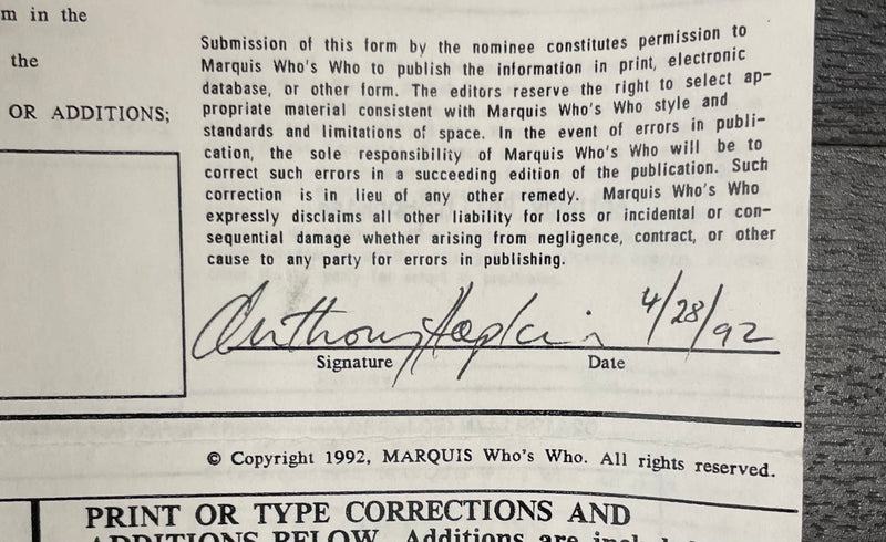 Signed Anthony Philip Hopkins Who’s Who In America Application Document - $15K APR w/CoA APR57