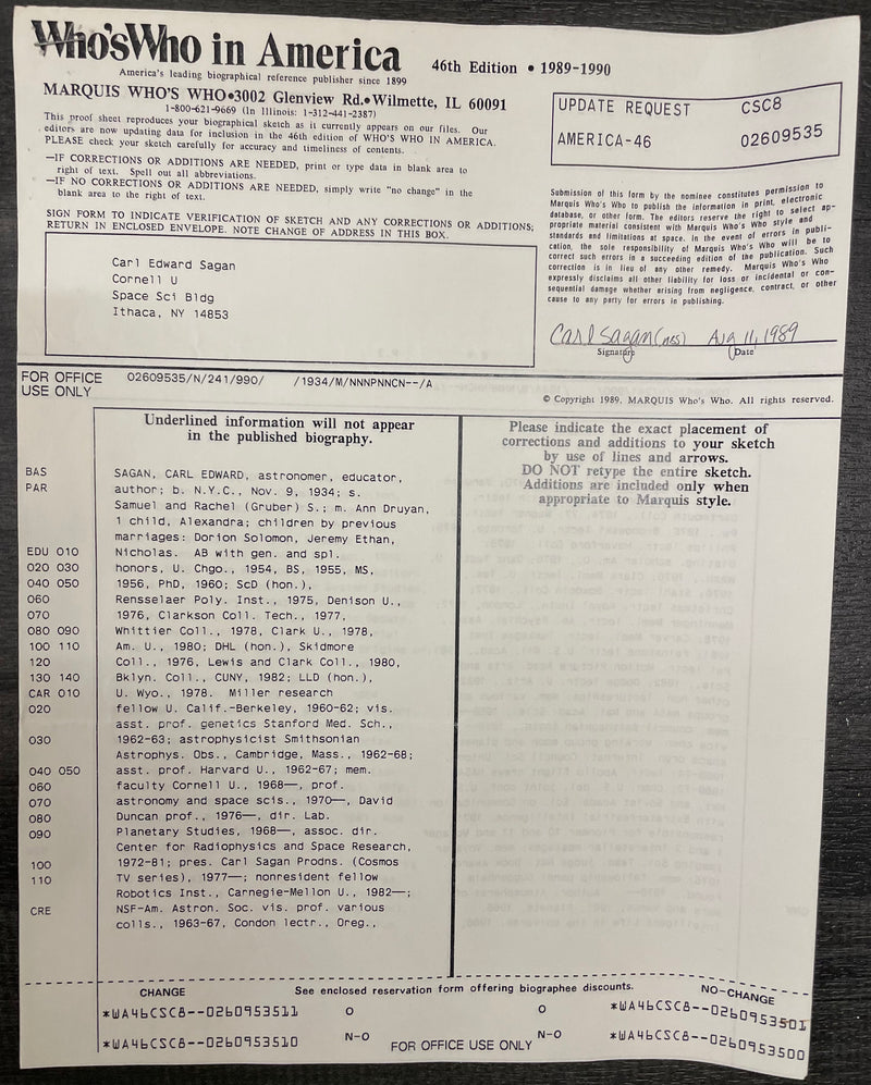 Signed Carl Edward Sagan Who’s Who In America Application Document - $15K APR w/CoA APR57