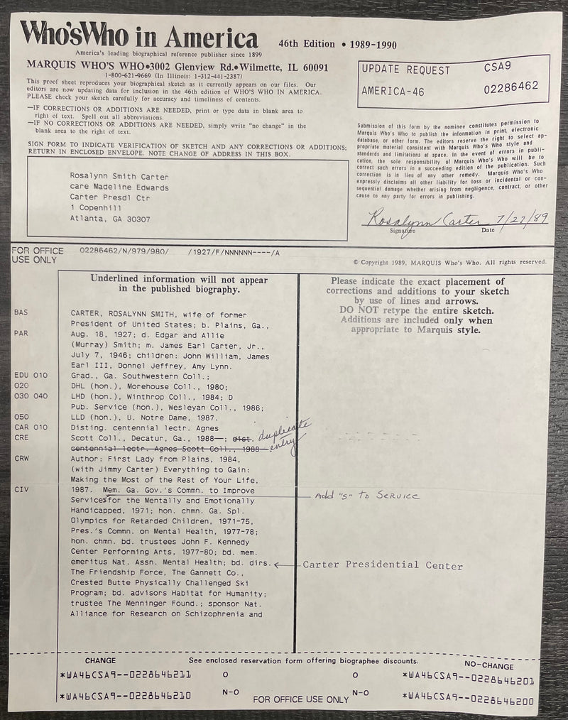 Signed Rosalynn Smith Carter Who’s Who In America Application Document -$15K APR w/CoA APR57