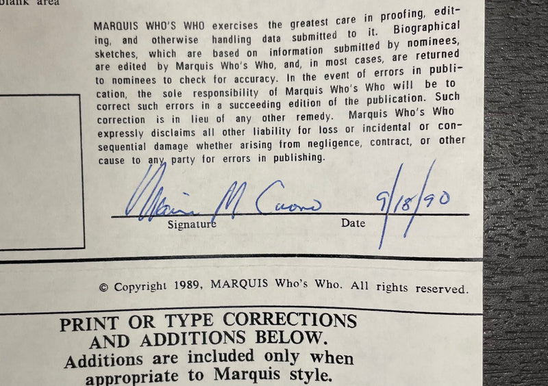 Signed Mario Matthew Cuomo Who’s Who In America Application Document - $15K APR w/CoA APR57