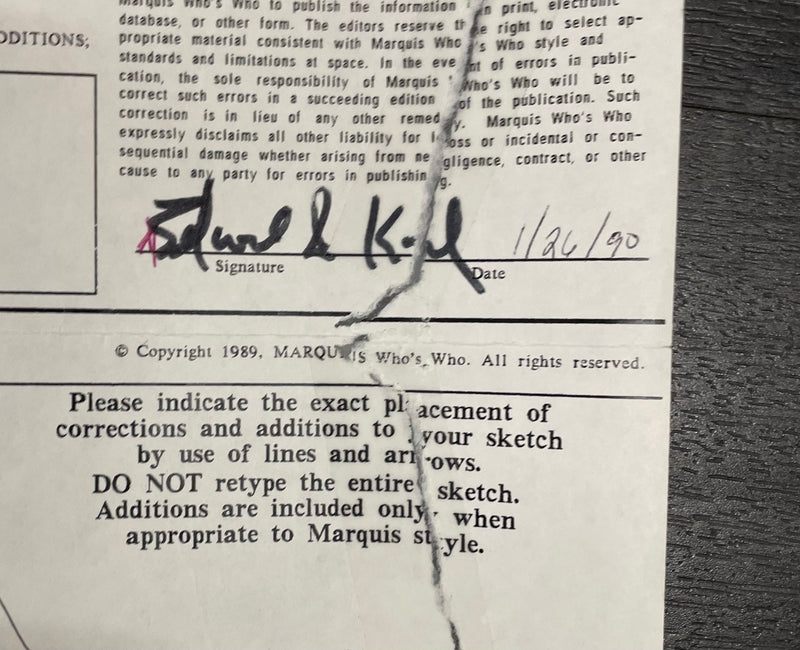 Signed Edward I. Koch Who’s Who In America Application Document - $15K APR w/CoA APR57