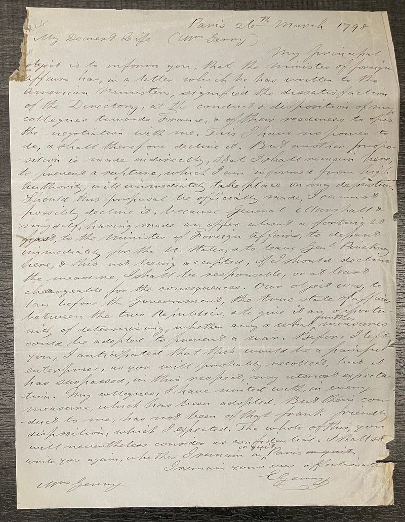 C. 1798 Signed Handwritten Elbridge Gerry Letter To Wife - $50K APR w/CoA APR57