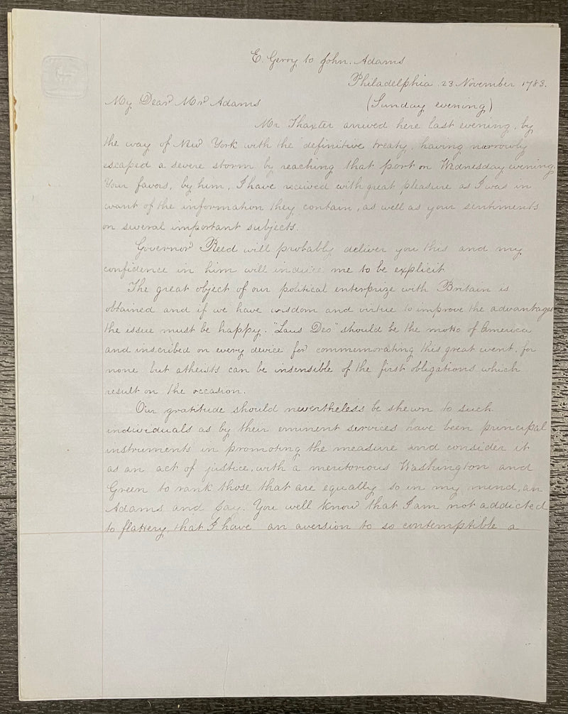 Handwritten Emily Gerry Transcription Of Elbridge Gerry Letter To John Adams - $30K APR w/CoA APR57