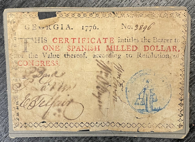 C.1800’s Cabinet Card With 1776 Georgia Spanish Milled Dollar On Back - $10K APR w/CoA APR57