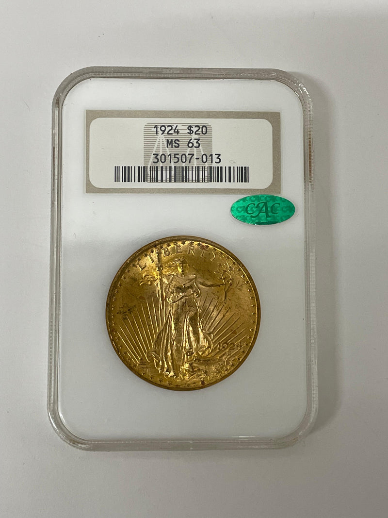 1924 $20 Liberty Gold Coin, NGC MS-63 with CAC Sticker- $5K APR w/ COA APR 57