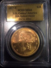 1857-S $20 Gold Lib - S.S. Central America 20C Narrow Seriff - MS-64 PCGS