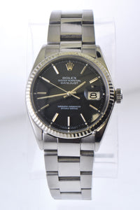 ROLEX Oyster Perpetual Datejust SS Wristwatch w/ 18K WG Bezel & Black Dial - $16K VALUE APR 57