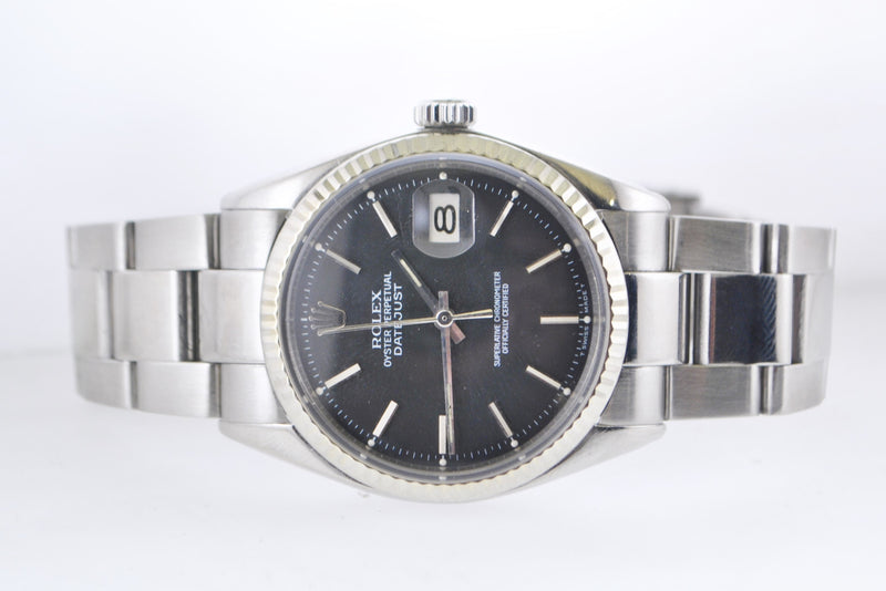 ROLEX Oyster Perpetual Datejust SS Wristwatch w/ 18K WG Bezel & Black Dial - $16K VALUE APR 57