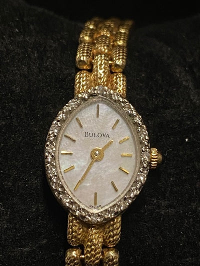 BULOVA Ladies 14K Solid Gold Watch Diamond Bezel Sapphire Crown 8K