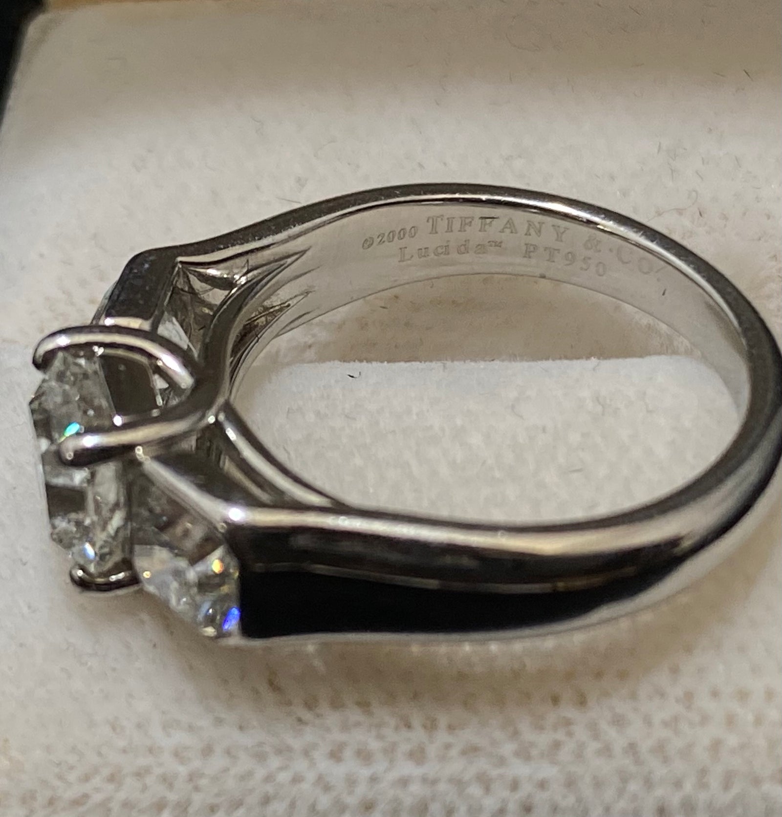 Tiffany Co. Lucida Diamond 3 stone Diamond Platinum Engagement Ring