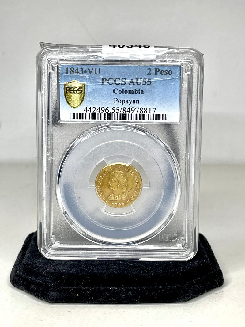 PCGS AU55, 1843 Colombia 2 Peso Gold Coin, From The Eldorado Collection-w/$1,000 APR of CoA! APR 57